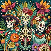Artistic representations of skeletons and skulls, some decorated with flowers or intricate patterns. vector