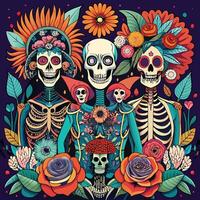 Artistic representations of skeletons and skulls, some decorated with flowers or intricate patterns. vector