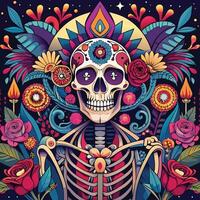 Artistic representations of skeletons and skulls, some decorated with flowers or intricate patterns. vector