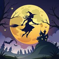 A glowing full moon with a silhouette of a witch flying on a broomstick. vector
