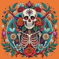 Artistic representations of skeletons and skulls, some decorated with flowers or intricate patterns. vector