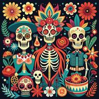 Artistic representations of skeletons and skulls, some decorated with flowers or intricate patterns. vector
