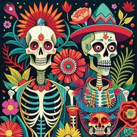 Artistic representations of skeletons and skulls, some decorated with flowers or intricate patterns. vector