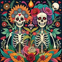 Artistic representations of skeletons and skulls, some decorated with flowers or intricate patterns. vector