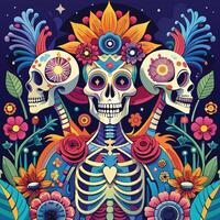 Artistic representations of skeletons and skulls, some decorated with flowers or intricate patterns. vector