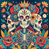 Artistic representations of skeletons and skulls, some decorated with flowers or intricate patterns. vector