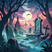 Elements featuring gravestones, graveyards, and eerie tombstones with fog and mist. vector