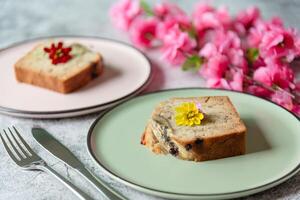 Traditional homemade bakery, closed up banana bread on plates as dessert for cafe photo