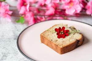 Closed up sliced banana cake as homemade recipe for dessert menu photo