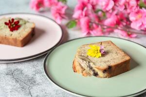 Traditional homemade bakery, closed up banana bread on plates as dessert for cafe photo