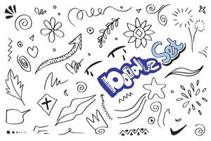 hand drawn set element,black on white background.arrow,leaves,speech bubble,heart,light,king,emphasis,swirl,for concept design. vector