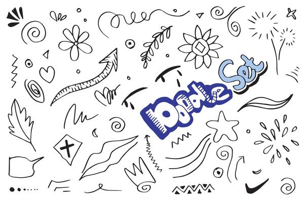 hand drawn set element,black on white background.arrow,leaves,speech bubble,heart,light,king,emphasis,swirl,for concept design.