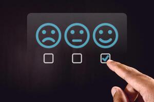 Man gives rating to service experience on virtual screen. Customer review satisfaction feedback concept. photo