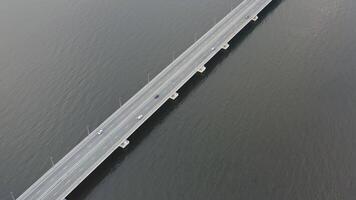 Drone view of a modern low-water bridge across the sea in Vladivostok video