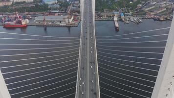 View from a drone vertically down to the Golden Bridge and the city video