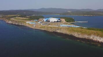 Aerial view of the beautiful Primorsky Oceanarium on a sunny day video