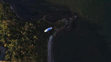 Aerial view of a paraglider with an engine flying by the coast of the sea video
