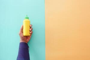 top view of holding a mustard mayonnaise container photo