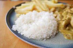 Closeup of a plate featuring white rice, French fries, and a fork, creating a delicious meal photo