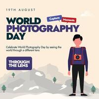 World photography day celebration banner, post, card, background. 19th August photography day banner with a cameraman, hanging camera, mountains view in the background. 2024 theme is An Entire day. vector
