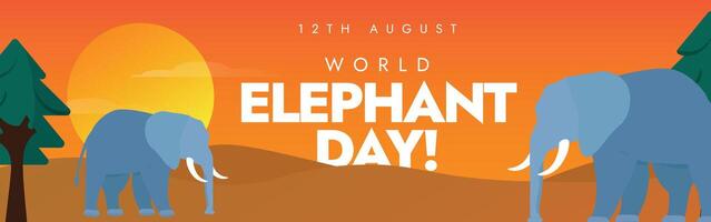 World Elephants day cover banner, social media post, card, webpage template design. 12th August Elephant day celebration banner with two elephants in a forest, sunset view in the background. vector