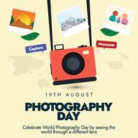 World Photography day. 19th August photography day banner, social media post with polaroid camera and pictures, silhouette world map on light yellow background. The theme for 2024 is An entire day. vector