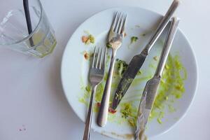 An empty dirty plate with a fork. photo