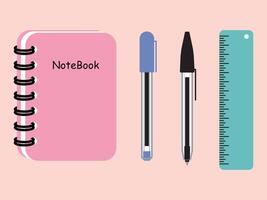 A Set of School elements such as Notebook, Ruler, Red Ballpoint Pen, and Blue Ballpoint Pen in a Flat Design minimal stationery concept, vector