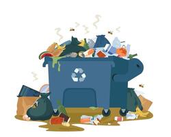 Large metal garbage container with unsorted trash. Decaying garbage and trash bags left lying around dump that smells ugly and started to decompose. Illustration isolated on white. vector