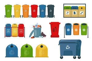 set of waste sorting and recycling ecology concept. Colorful garbage bin. Trash can waste basket. Isolated buckets for sorting recyclable litter. Containers for glass organic and paper garbage vector