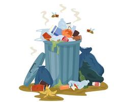 Metal garbage container with unsorted trash. Decaying garbage and trash bags left lying around dump that smells ugly and started to decompose. Illustration isolated on white. vector