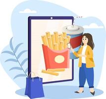 Woman ordering fast food online using smartphone app on huge tablet screen vector