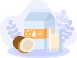 Refreshing coconut milk is standing on a table with fresh coconuts vector