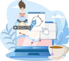 Graphic designer working on laptop using graphic design software with a cup of tea vector