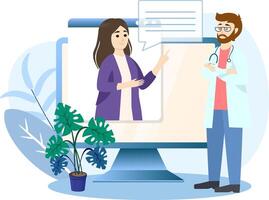 Doctor explaining diagnosis to patient through call on computer, telemedicine concept vector