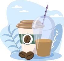 Two paper coffee cups and coffee beans on a table vector