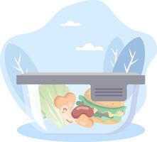 Refrigerator preserving food freshness with open door showing healthy balanced diet inside vector
