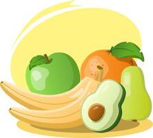 Fresh fruit still life featuring bananas, an avocado and an apple vector