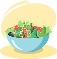 Blue bowl overflowing with fresh salad ingredients on yellow background vector