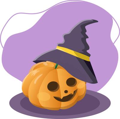 Halloween pumpkin wearing a witch hat smiling on purple background
