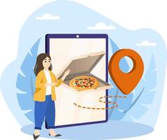 Woman ordering pizza online using mobile app with geolocation tracking on smartphone vector