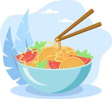 Chopsticks picking up noodles from bowl of ramen with vegetables vector