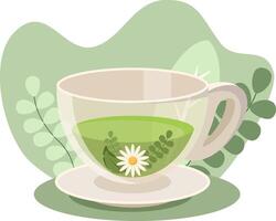 Green tea with herbs and flower relaxing on saucer vector