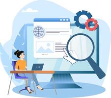 Woman working on website analysis using big data magnifying glass vector
