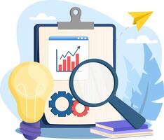 Business analysis concept with magnifying glass examining financial report document and light bulb for new idea vector