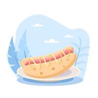 Delicious hot dog with mustard lying on plate on summer background vector