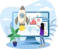 Businesswoman managing business growth on computer with rocket launch taking off from screen vector