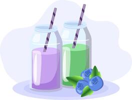 Two bottles with blueberry and green smoothies are standing on the table vector