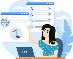 Young woman choosing song on streaming platform using laptop at home office vector