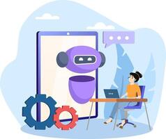 Woman working with chatbot on a big smartphone, using artificial intelligence for business automation vector